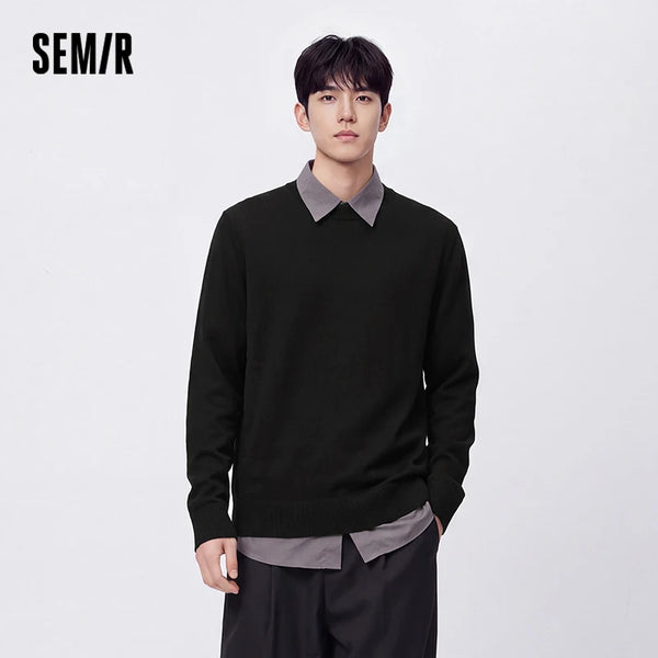 អាវយឺតបុរស Semir រោមចៀម Merino កមូល ទន់ ក្តៅ រដូវរងា ពណ៌រឹង ស្រួល ធម្មតា ប៉ាក់ស្រទាប់មូលដ្ឋាន
