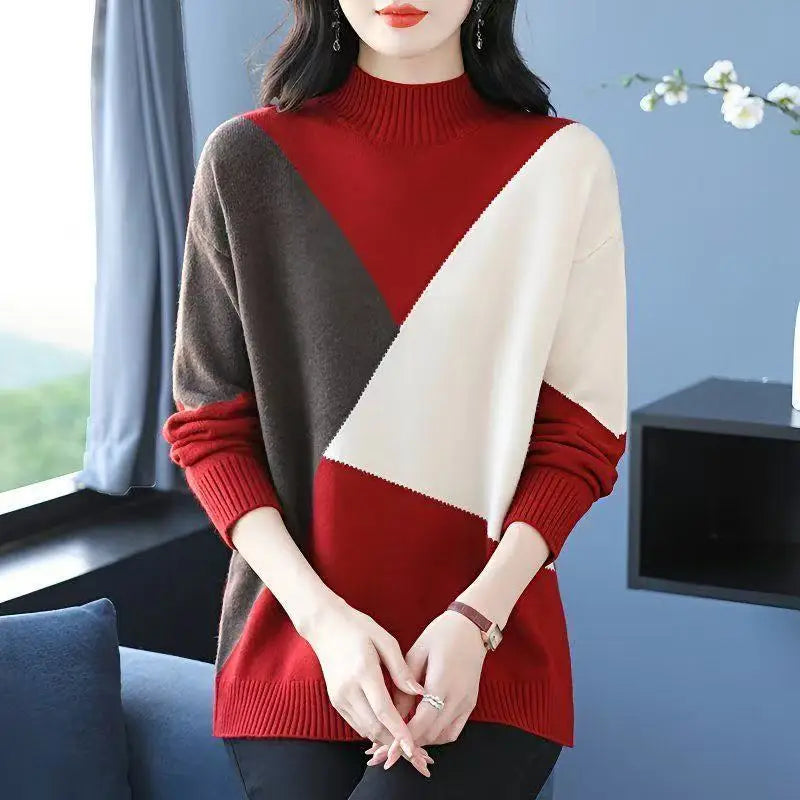 Patchwork Color Pulls Woman Clothing Spring Autumn Loose Turtleneck Winter Sweater Tops Female Warm Knitwear Woolen Blouse