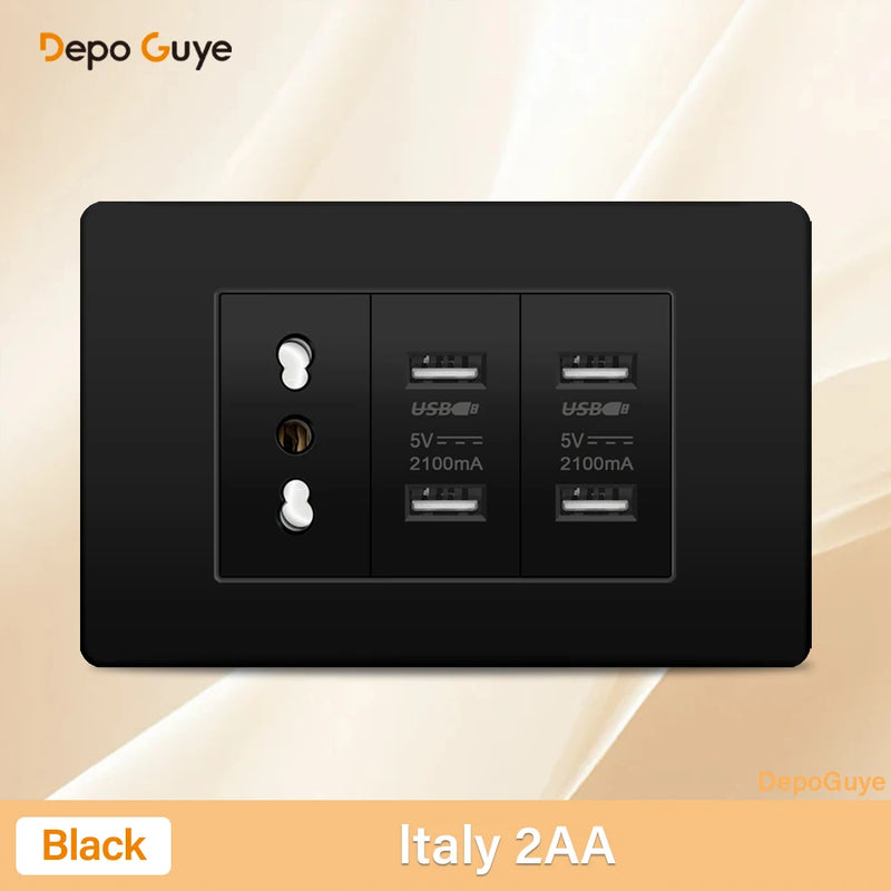 Italy Chile Mexico Outlet with USB Smart Type-c 20W Fast Charging Wall plug,Brazil Electric Light Switch Dual usb Power Socket
