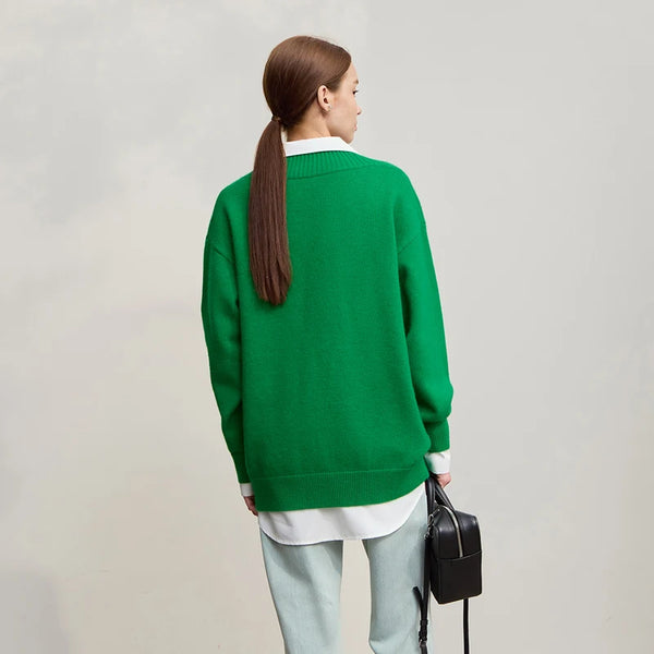 AMII Women's Sweater 2026 Winter New Minimalist Versatile V-Neck Loose Long Sleeve Knit Pullover Sweater Tops For Woman 12524084