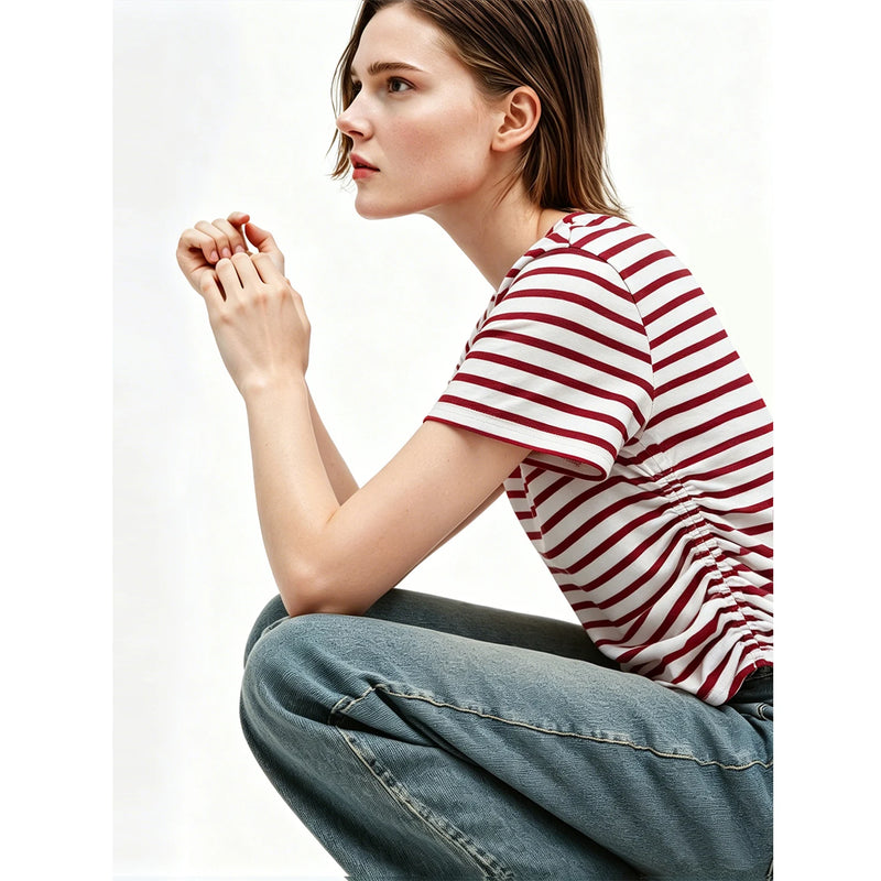 Amii Women's T-Shirt 2026 Summer New Round Neck Short Sleeve Versatile Tee Casual Color Block Stripe Printed Top Women 12622201