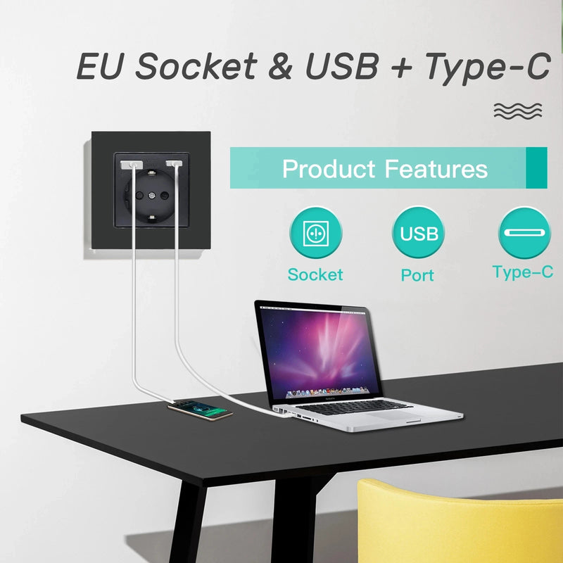 BSEED EU Standard Sockets Single Wall Socket Double Frame Socket with USB Outlets Glass Panel Triple Type-C Sockets For Home