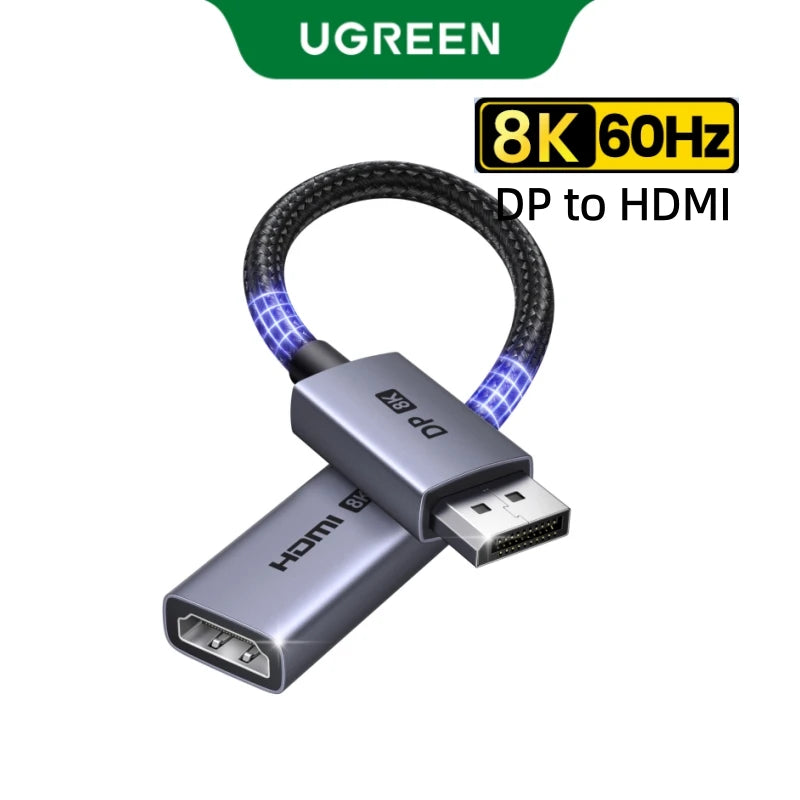 UGREEN Displayport 1.4 DP to HDMI Adapter 8K 60Hz Converter,Uni-Directional Display Port to HDMI Converter VRR HDR HDCP2.3 0.2m