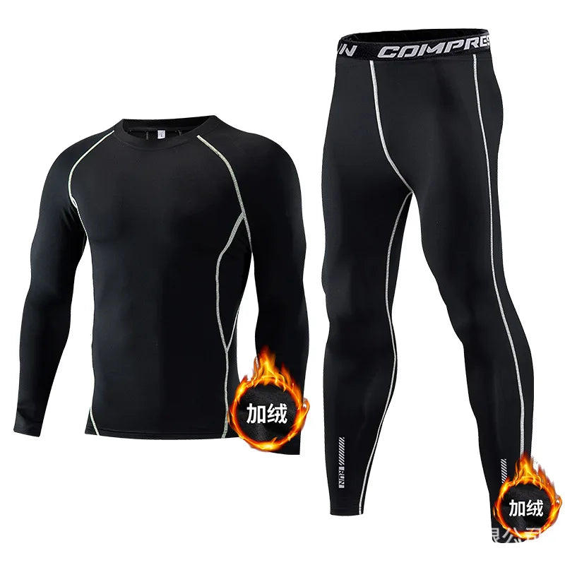Kids Fleece-Lined Thermal Underwear Set Long Sleeve Compression Top Pants Warm Base Layer for Football Basketball Fitness