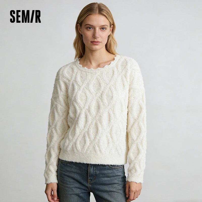 Semir Red Sweater Women 2026 Spring Short Cable Knit Ruffle Loose Slouchy New Year Style Casual Fashion Pullover Top