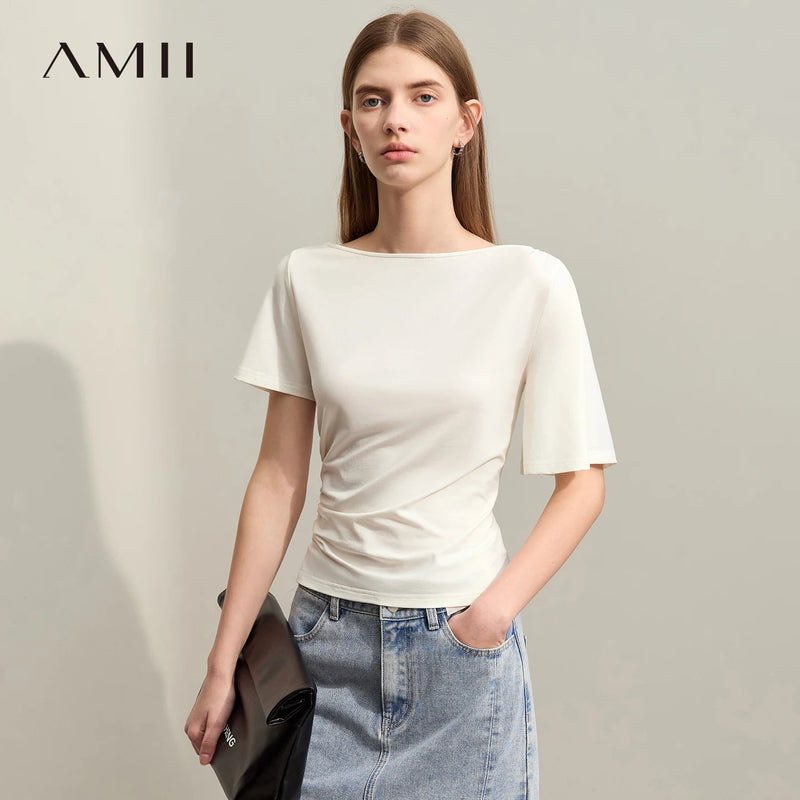 Amii Women's Tee 2026 Summer New Off Shoulder Elastic Shirred Stretch Cotton Tops Slim Asymmetric Short Sleeve T-Shirt 12622225