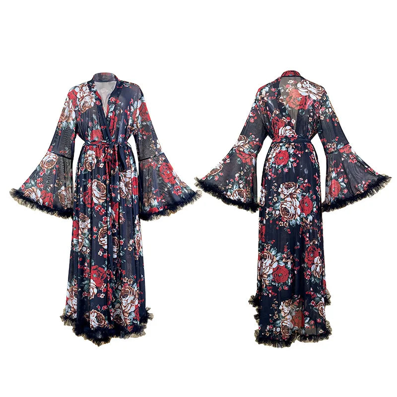 Fashion Printed Long Sleeve Bathrobe For Women Spring Summer Thin Sleepwear Robe Tide Women's Shower Robes Wedding Dress