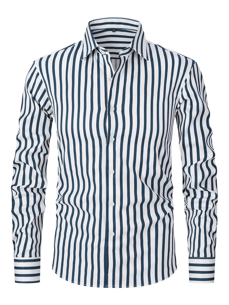 2026 Men's Pink Long-Sleeve Striped Shirt, White Single-Breasted Lapel Shirts, Available in Black or Blue.