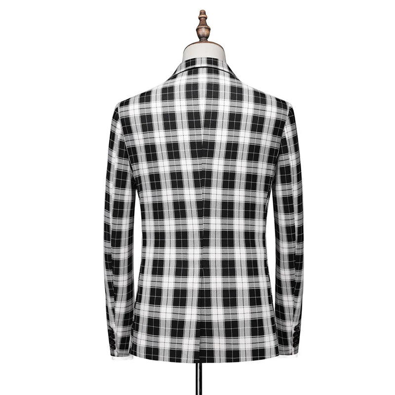Men's Black-White Striped Plaid Suit 3-Piece, Wedding Party Dress Jacket and Vest with Trousers, Asian Sizes Red Slim Fit Sets.