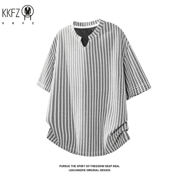 Mens Striped Textured Knit Short Sleeve Top Notched Collar Oversized Cutting Suitable For Vacation Dating And Casual Scenes