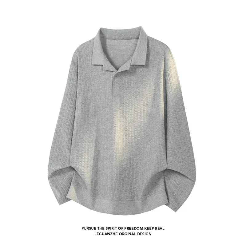 Mens Long Sleeve Lapel Collar Polo Shirt Waffle Knit Soft Fabric Loose Curved Hem Casual Top For Autumn