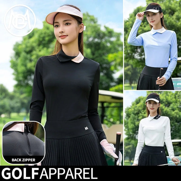 PGM Women's Golf Long Sleeved Polo Base Shirt Autumn and Winter Color Blocked Collar Top YF841