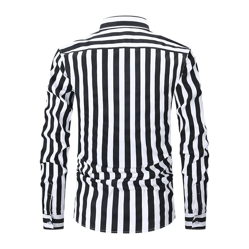 Men's Long-sleeve Shirt with Black Stripes, White Single-breasted Button-down Shirts, Business-casual Top.