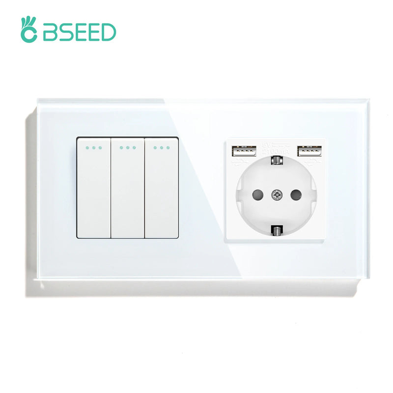 BSEED EU Standard Wall Button Switch 1/2/3Gang 1Way Wall Power Socket Glass Frame Mechanical Switches Home Improvement