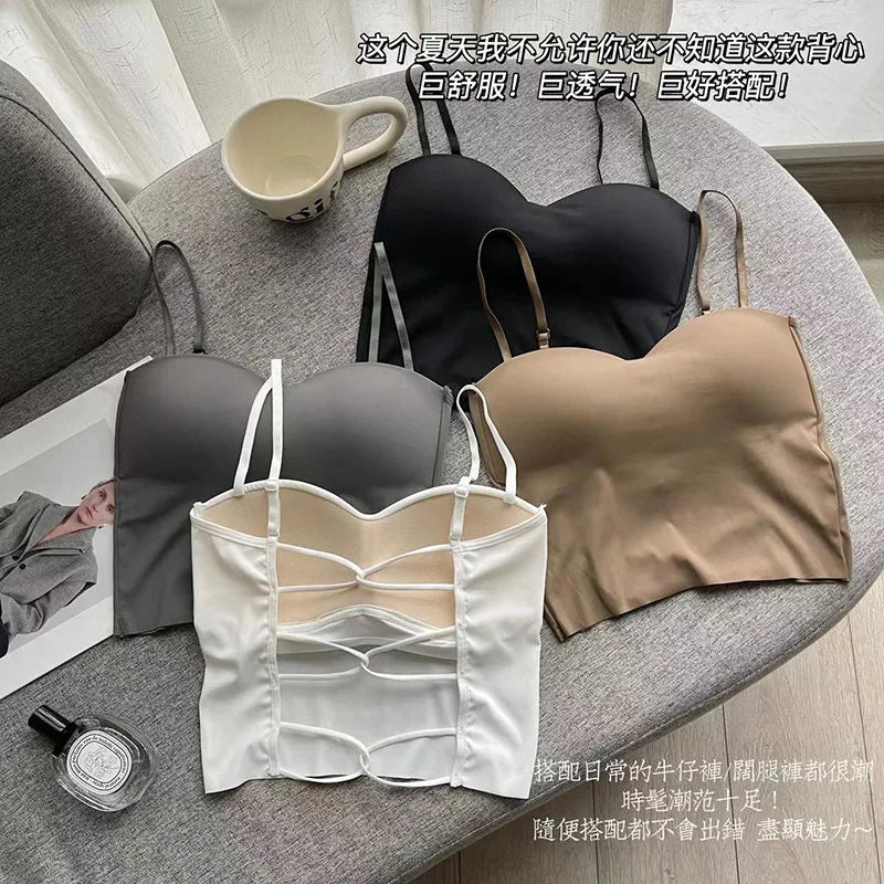 Sexy Hollow Back Three Cross Suspenders Integrated Steel-free Underwear Slim-fit Chest Pad Vest Women One Piece Pajamas Top