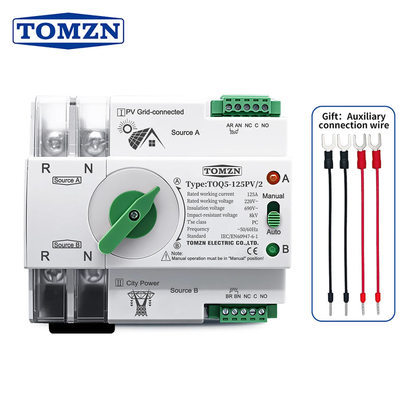 TOMZN Single Phase DIN Rail ATS PV and Inverter Dual Power Automatic Transfer Selector Switches Uninterrupted 2P 63A 100A 125A
