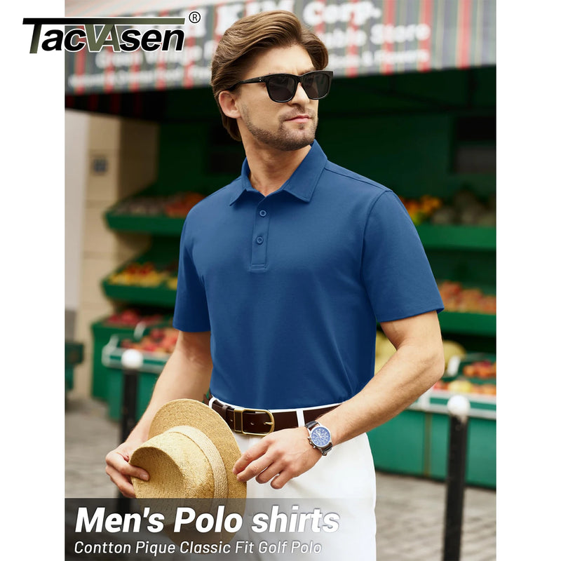 TACVASEN Polo Shirts Men's Short Sleeve Soft Cotton Pique T-Shirts 3 Buttons Classic Fit Casual Performance Golf Shirts Cooling