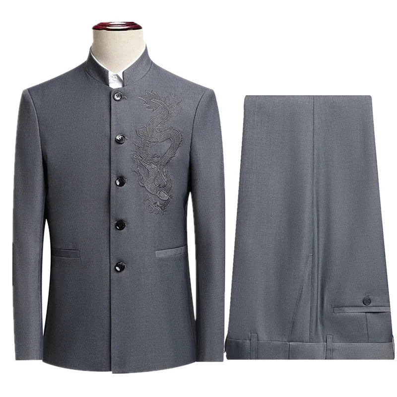 2026 Men's Gray Suit Two-Piece, China Style Single Breasted Lapel Jacket with Trousers, Asian Size Wedding/Party/Business Sets