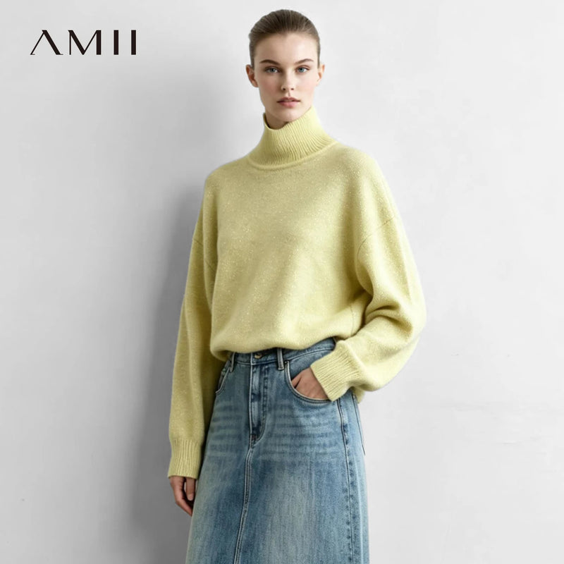 អាវយឺតប៉ាក់ Amii Turtleneck ស្មាទម្លាក់ អាវយឺតរលុងសម្រាប់នារី សាមញ្ញ ងាយស្រួលប្រើ ងាយស្រួលធ្វើដំណើរ អាវយឺតរដូវរងាសម្រាប់នារី 12624116