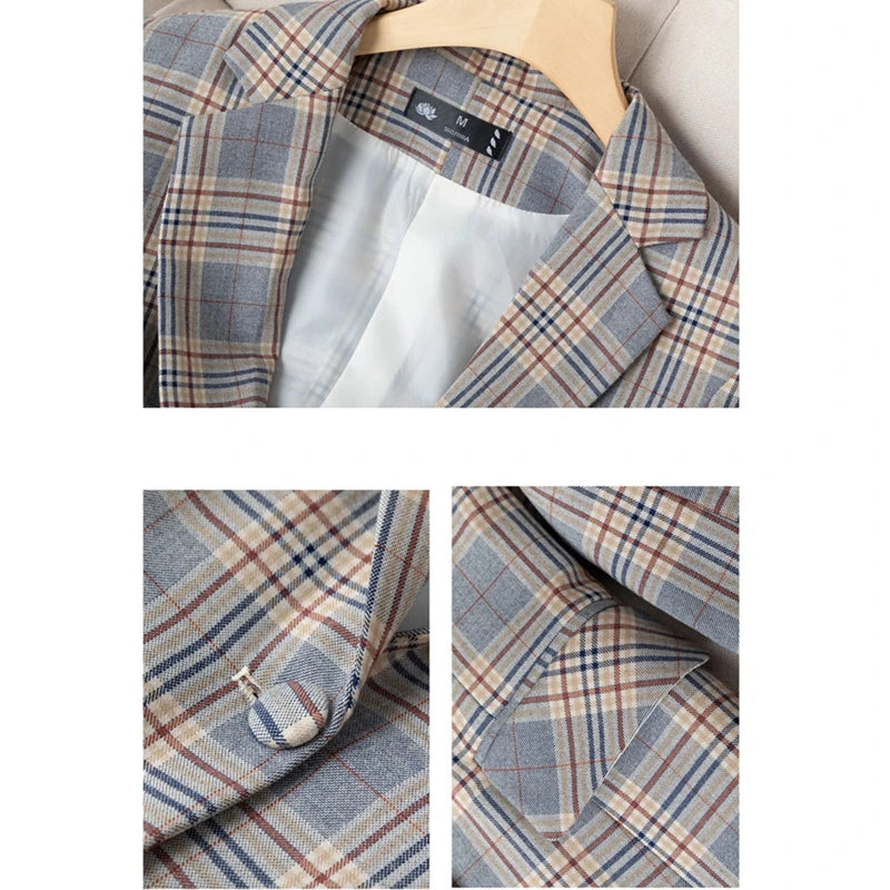 2026 Women's Gray Striped Plaid Suit Jacket, Asian Sizes Slim-Fit Coats, V-Neck Single Button Ladies Blazers S-XXXXXL