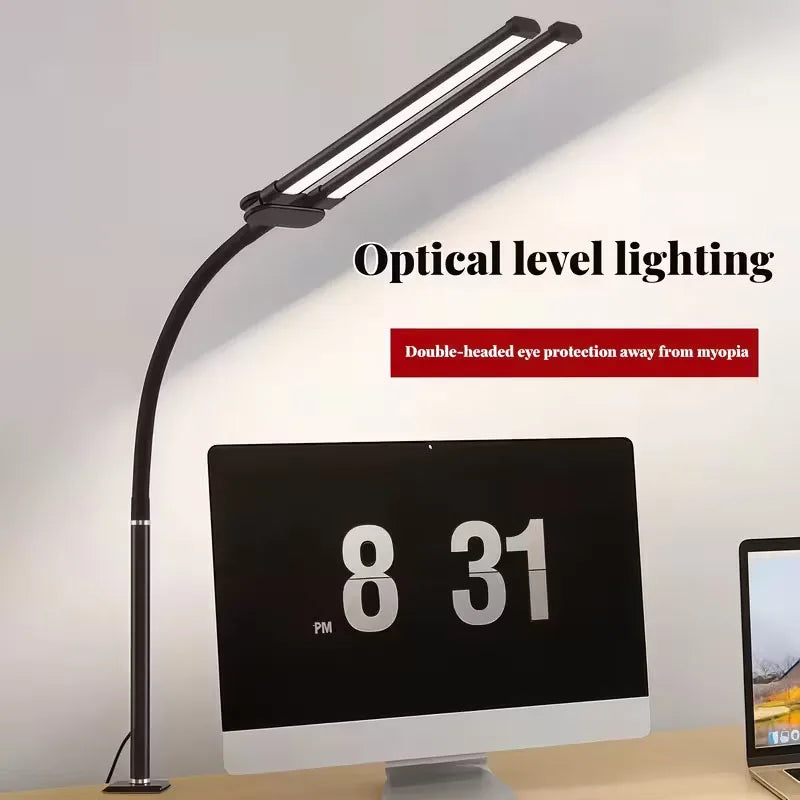 2-Head LED Desk Lamp Clip 5 Modes 10 Brightness Levels Adjustable Angle USB Suitable for Reading Learning Piano Monitor Office