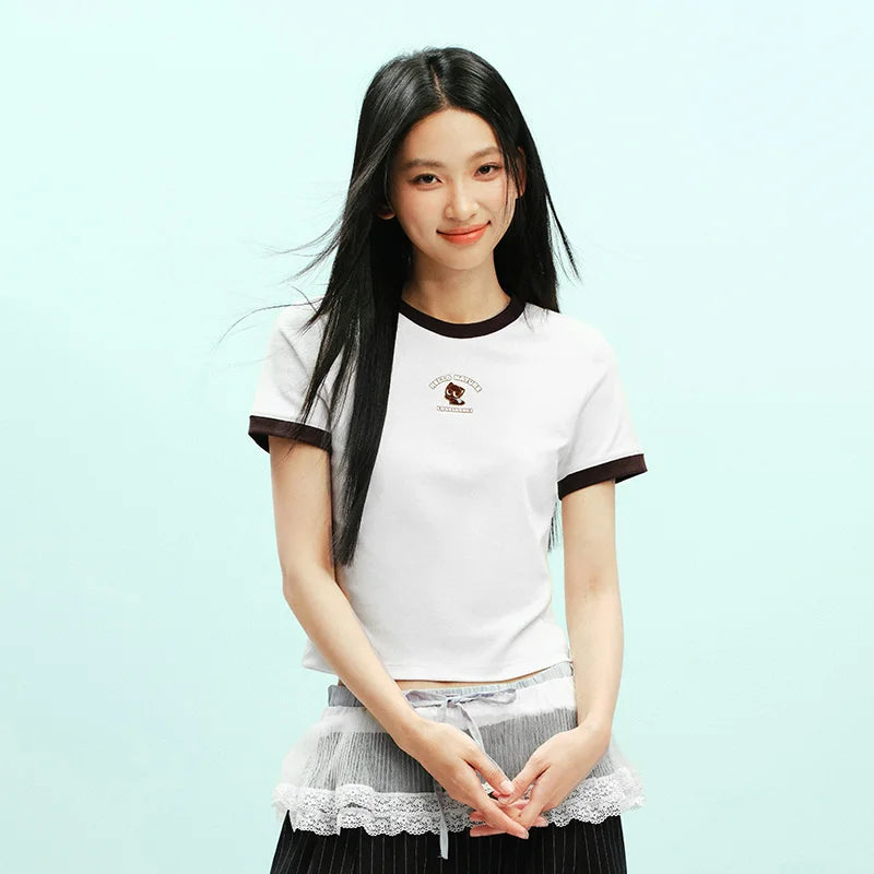 Semir Women Tshirt Cropped Contrast Color Slim Straight Shoulder Short Sleeve Summer 2026 Casual Style Soft Top