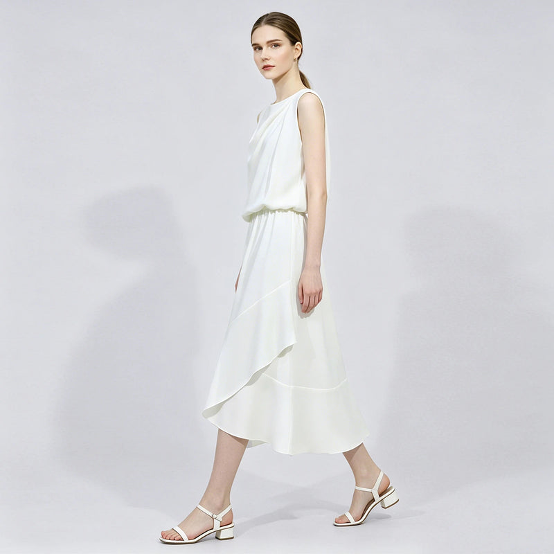 Amii Sleeveless Women Dress 2026 Summer New Bateau Neck Elastic Waist Elegant Asymmetrical Ruffle Casual Chiffon Dress 12642049