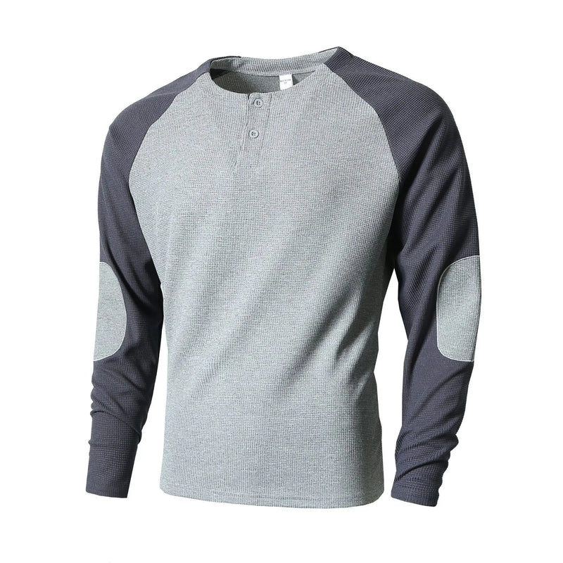 Men's Autumn Outdoor Breathable Long - Sleeve Round - Neck Waffle Knit Sweatshirt with Raglan Sleeve Splicing