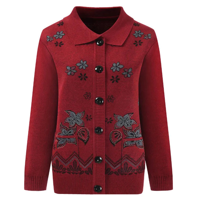Print Mother Sweater Cardigan Top 60-80 Years Old Middle-Aged Elderly Women's Woolen Jacket Spring Autumn Knitted Shirt