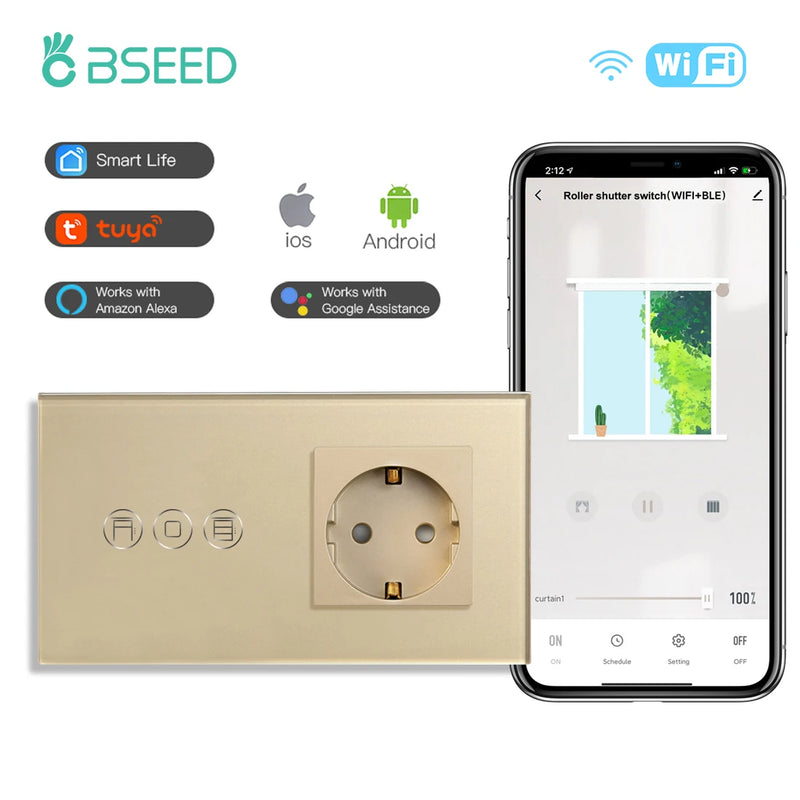 BSEED Wifi Touch Roller Shutter Switch With EU Standard Wall Socket USB Type-C Smart Wireless Blinds Switch Tuya Alexa Control