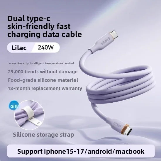 ខ្សែសាកទិន្នន័យ ANKER ក្បាលពីរ Typec 240W PD3.1 ខ្សែសាកលឿន ស៊ីលីកូនទន់ ងាយស្រួលប្រើសម្រាប់កុំព្យូទ័រយួរដៃ iPhone ថេប្លេត