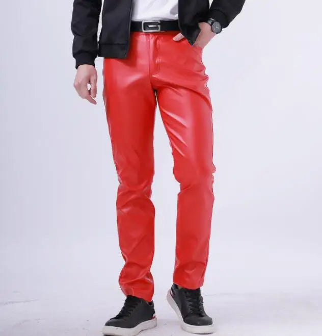 2026 New Men's Leather Pants Fashion Slim PU Trousers Red Blue Black Gray White Pantalones Hombre