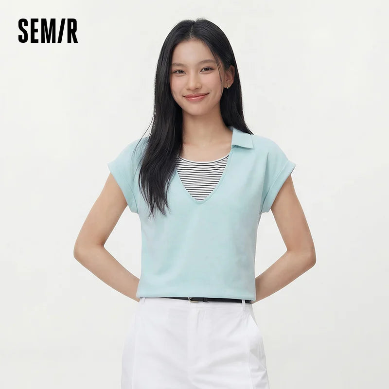 Semir Womens Polo 2026 Short Striped Patchwork Fake Two Piece Ruffle Loose Raglan Sleeve Casual Soft