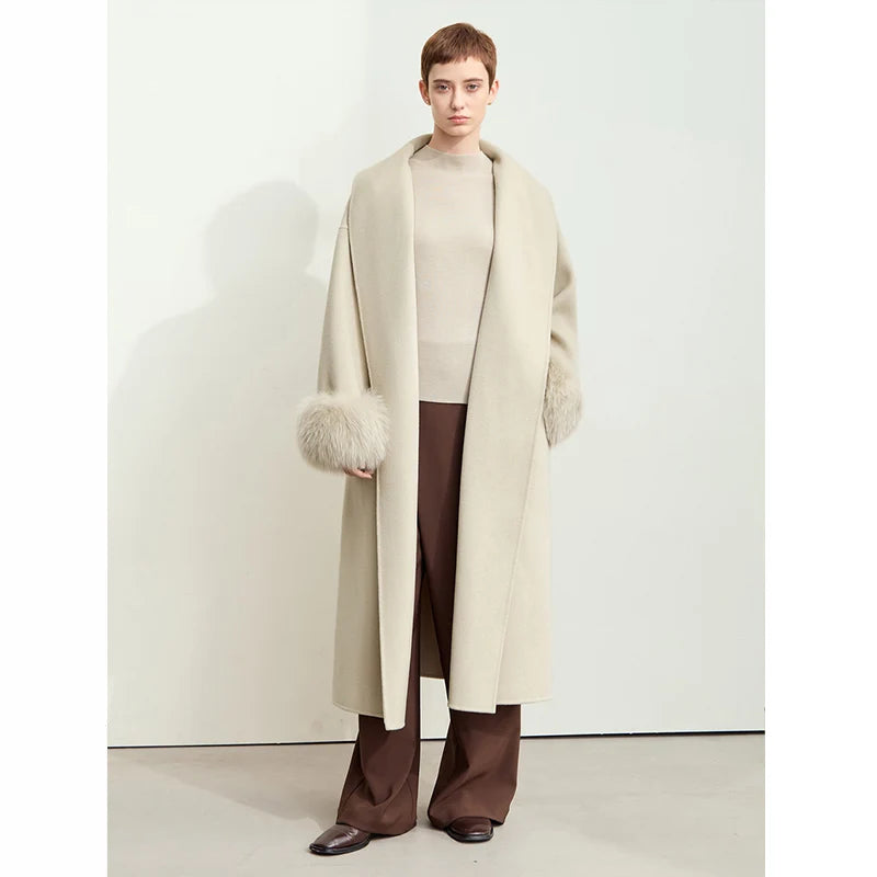 Amii Winter Clothes Women 2026 Long Coat Women's Wool 100% Removable Fox Fur Cuffs Loose Soild Office Lady Jacket 12424015