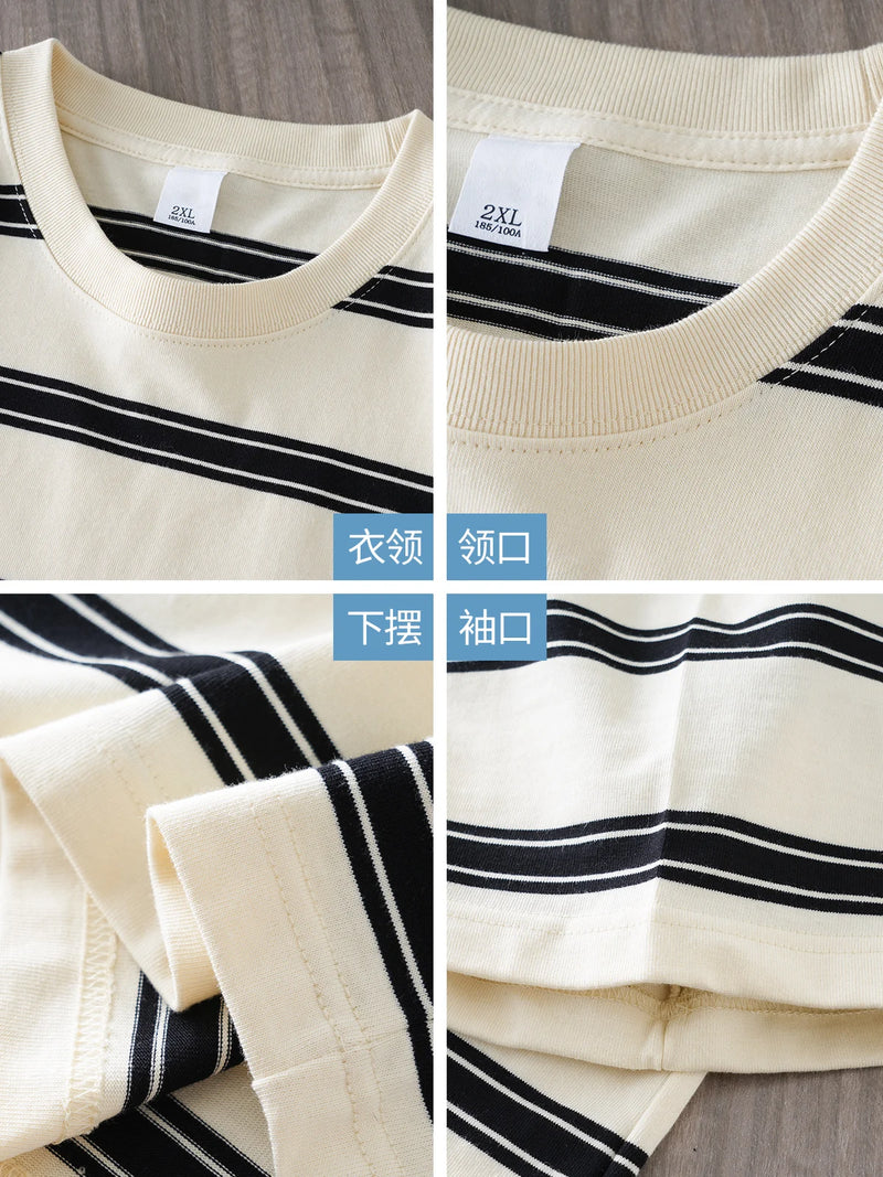 DUKEEN 320G Heavyweight Striped T Shirt for Men Summer Fashion 100% Cotton Crew Neck Short Sleeve Tees Couple Clothing Oversize