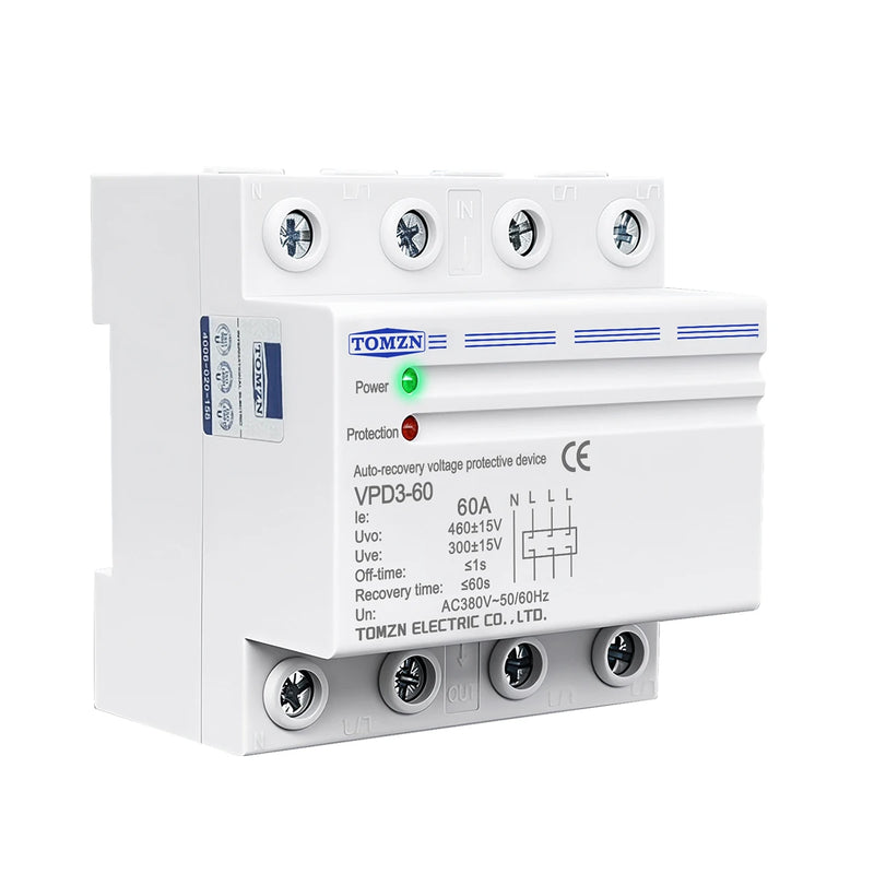 TOMZN 60A 380V Three Phase Four Wire Din Rail Auto Recovery Reconnect Over Voltage And Under Voltage Protective Protection Relay