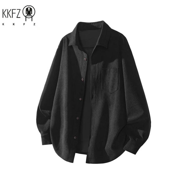 Men Minimalist Oversized Corduroy Top Lapel Collar Button Down Chest Pocket For Everyday Urban Casual Dressing