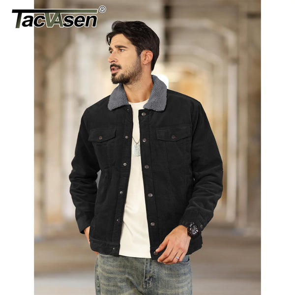 TACVASEN Thicken Fleece Lining Mens Corduroy Jacket Sherpa Lined Winter Coats Trucker Cargo Workwear Multi-Pocket Outwear