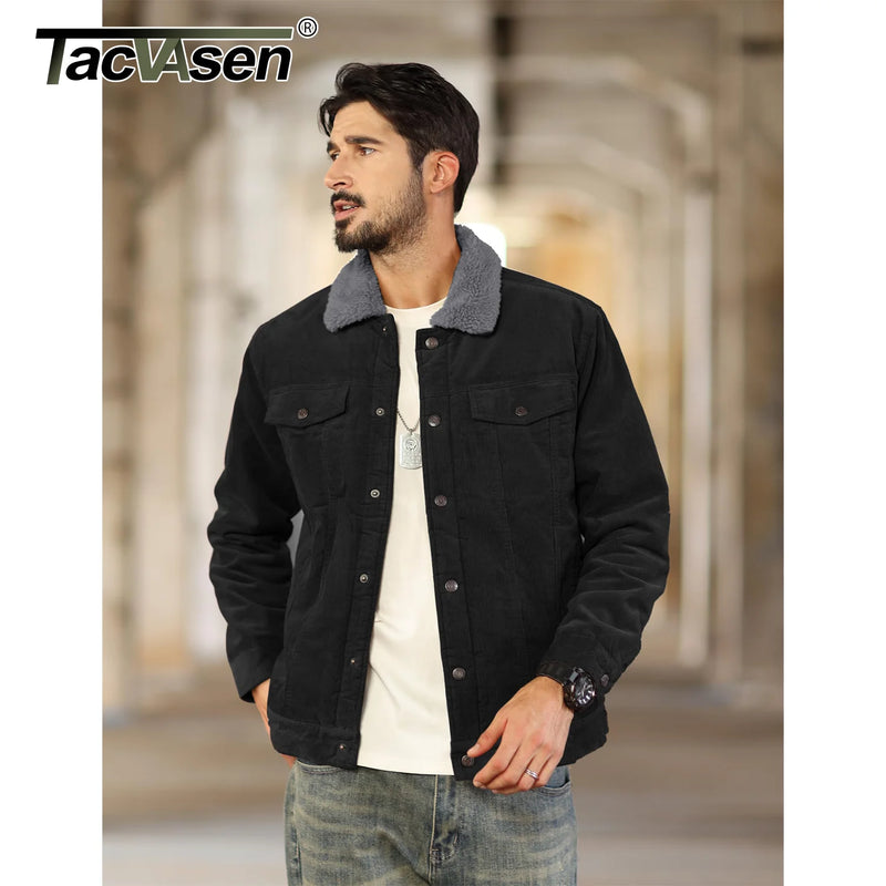 TACVASEN Thicken Fleece Lining Mens Corduroy Jacket Sherpa Lined Winter Coats Trucker Cargo Workwear Multi-Pocket Outwear