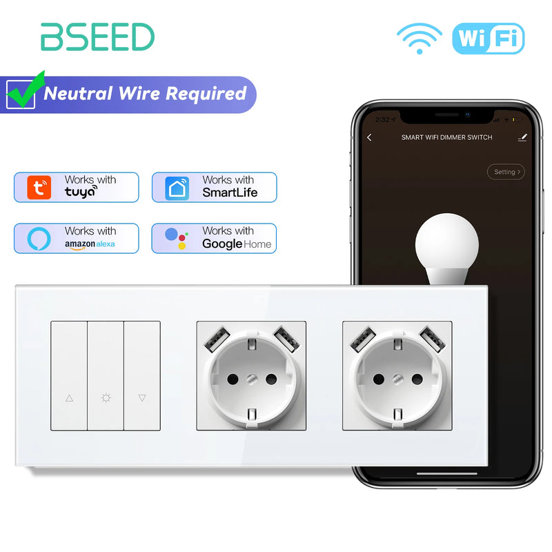BSEED WIFI Dimmer Switch 1/2/3/4Gang Smart Click Button Switch Glass Panel White LED Indicator Tuya Smart Life Alexa Control