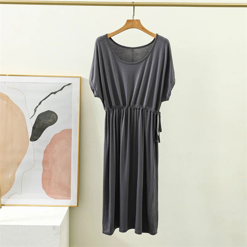 Modal Mid Length Long Dress Loose Elastic Pleated Nightdress Short Sleeved Summer Sleepwear Women Comfortable Ladies Nightgowns