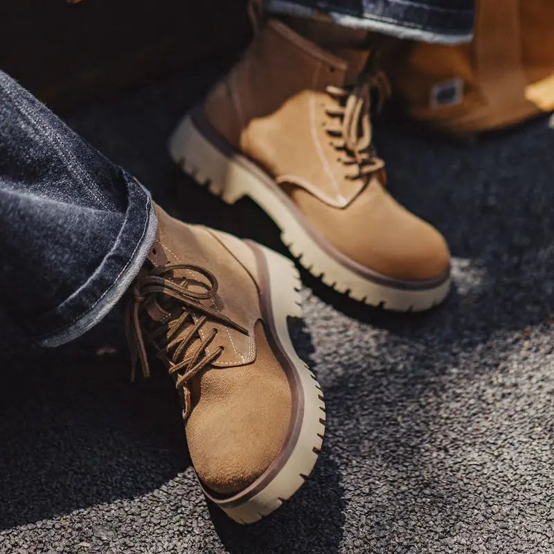 Maden Men's Cow Suede High-Top Boots Lace-Up Ankle Boots Chunky Round Toe Work Desert Boots for Fall Winter Casual Shoes