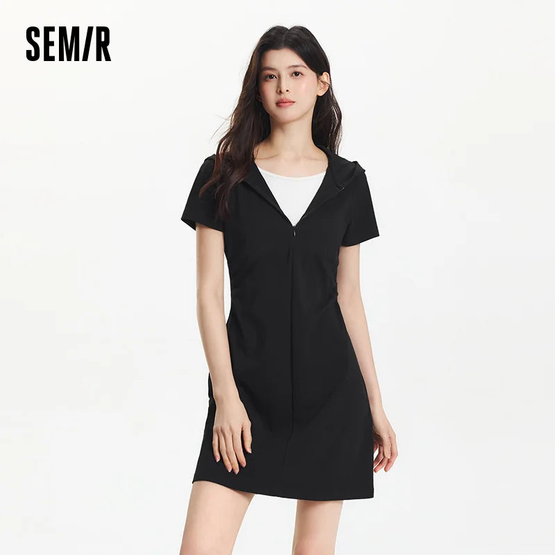 Semir Women Dress Hooded 2026 Faux Two Piece Slim Fit Pleated Waist Urban Casual Everyday Style Soft Comfortable Daily Wear