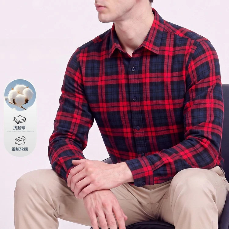 Men's 100% Cotton Brushed Plaid Long Sleeve Shirt – Soft Flannel Casual Button-Down for Outdoor & Daily Wear