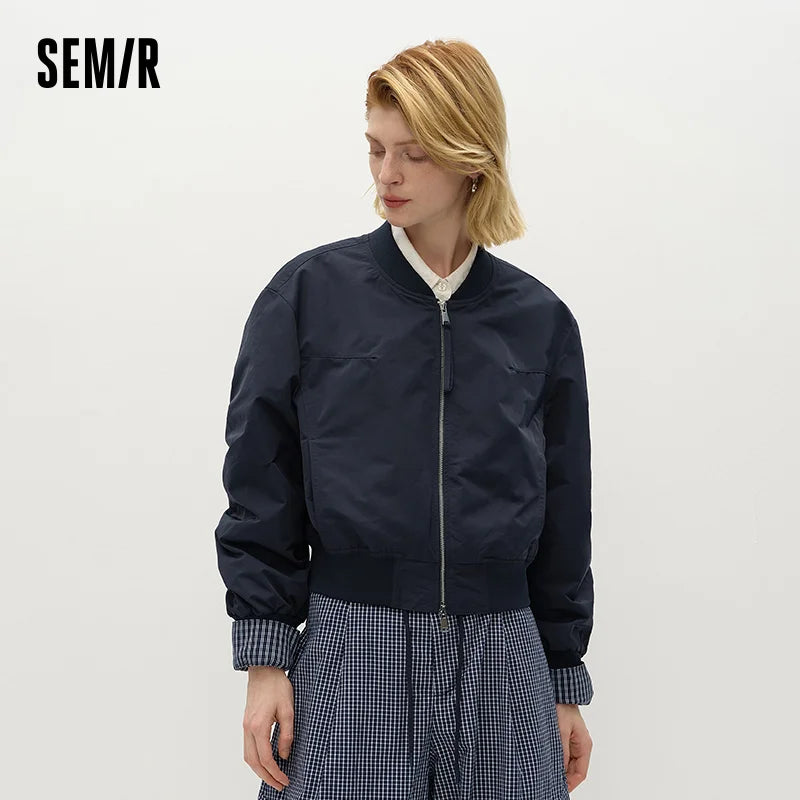 Semir Women Jacket Baseball Collar Plaid Patchwork Faux Layer Loose 2026 Autumn College Style Casual Outerwear Daily Wear