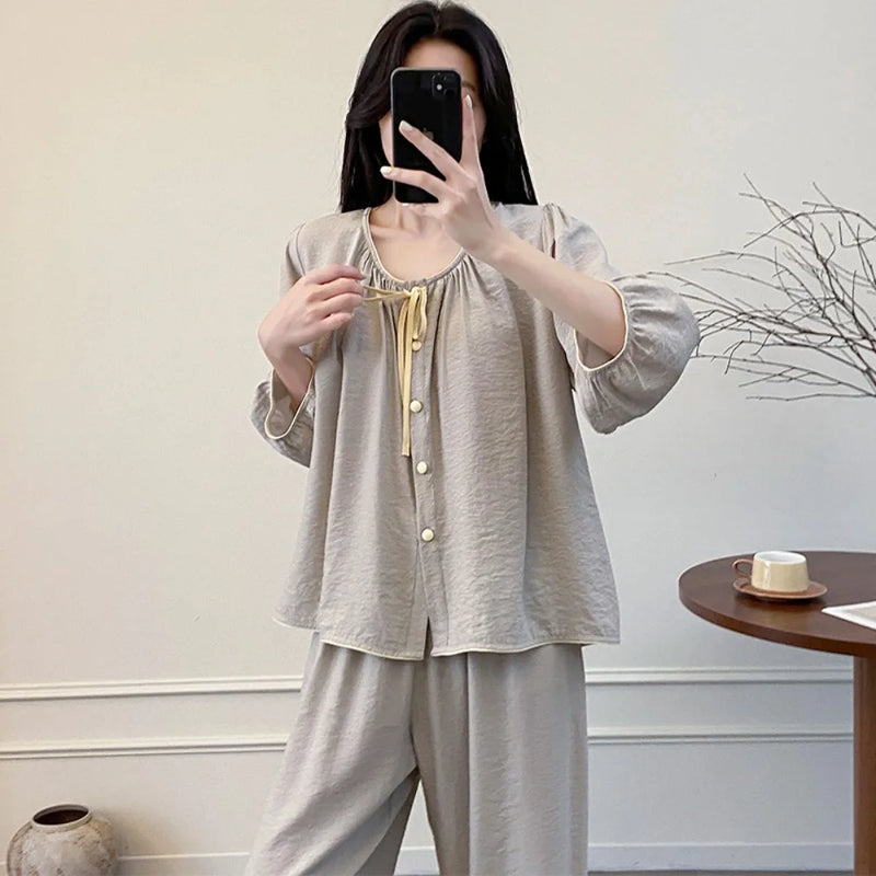 New Chest Pad Pajama Women 2 Piece Pijama Homewear Spring Summer Round Neck Top Sleepwear Suit Pyjamas Loungewear Home Clothes