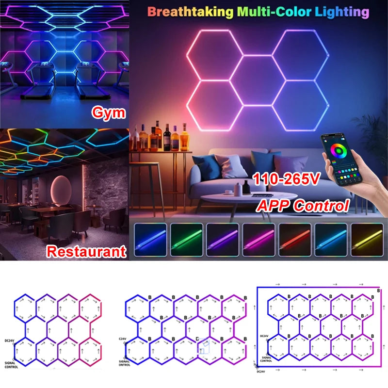ភ្លើងពិដាន LED RGB Hexagon Garage Light Honeycomb 110-265V សម្រាប់លាងរថយន្តជួសជុលចង្កៀងតុបតែងភ្លើងពិដាន APP Control