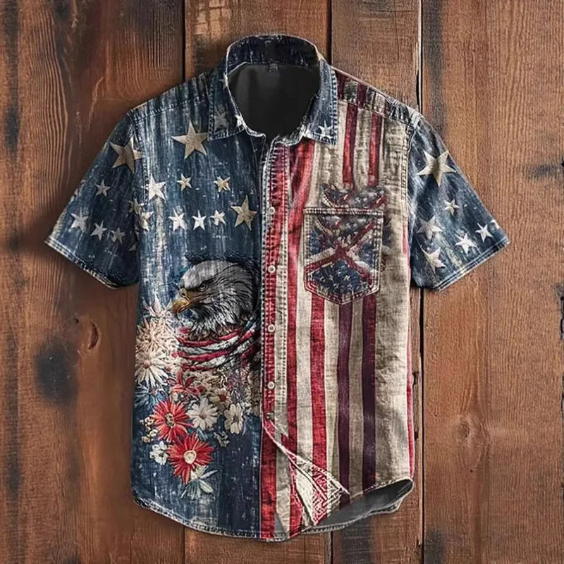 European and American Retro-Style Men's Short-Sleeve Printed Shirts, Summer Single-Breasted Collared Shirt, Sizes S–XXXL.