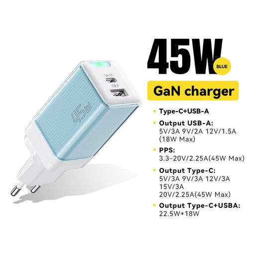 Essager GaN 45W USB Charger Fast Charger PD QC 3.0 USB C Charger Quick Charger For iPhone 14 13 Travel Charger for Samsung S21 China EU Blue Charger