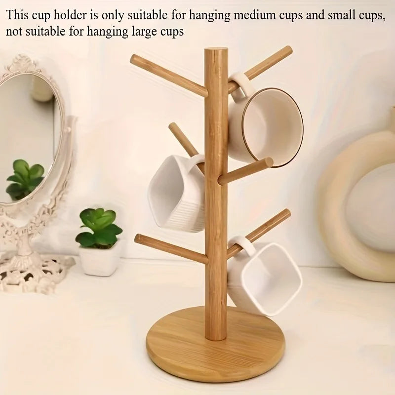 1pc legant Bamboo Cup Holder with Wooden Finish,Space-Saving Kitchen Organizer,with Multiple Hooks, Ideal for Home or Office.